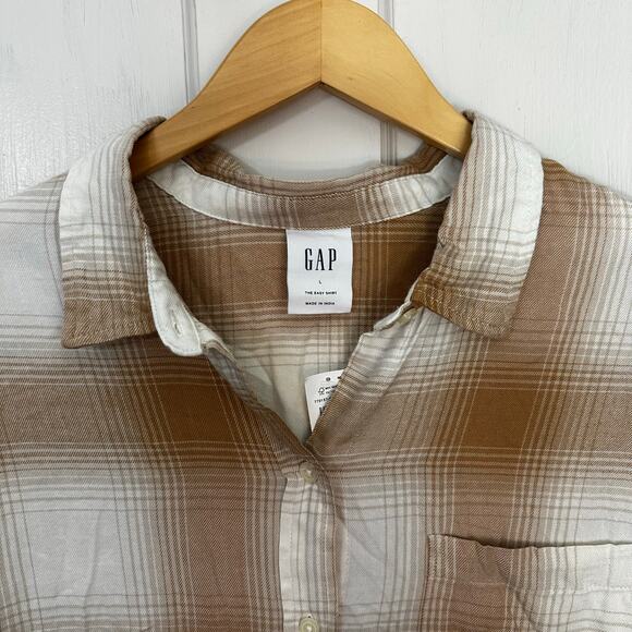 Gap Womens The Easy Shirt Large Button Up Flannel Tan Plaid Long Sleeve Cotton - Picture 4 of 7